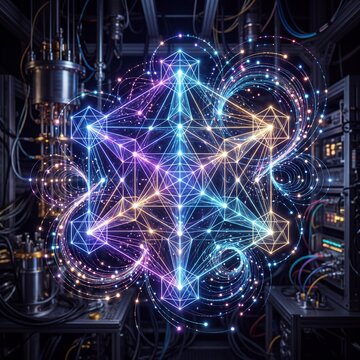 Futuristic quantum computing qubit lattice glowing with particle energy in advanced scientific physics laboratory