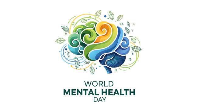Colorful artistic brain illustration for world mental health day awareness and psychological wellness concept
