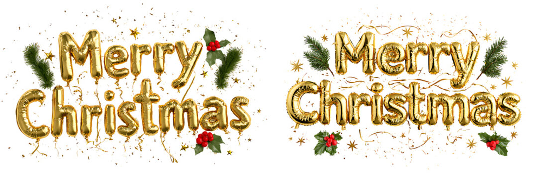 Merry christmas gold foil balloons isolated on transparent background