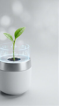 Green seedling grows in a sensor-equipped planter displaying pH, conductivity and temperature data. Indoor crop monitoring technology. Precision agriculture and sustainable cultivation