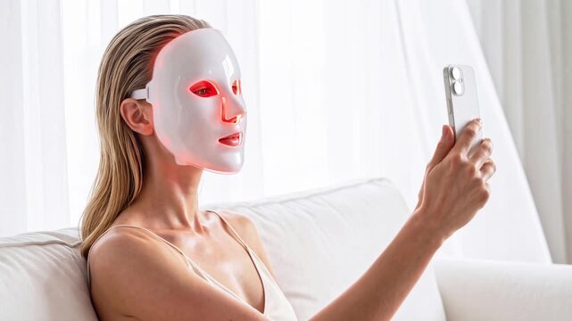 A woman in LED light facial mask takes a selfie with phone. Cosmetology concept, and beauty device, woman advertising of antiaging beauty skin care products