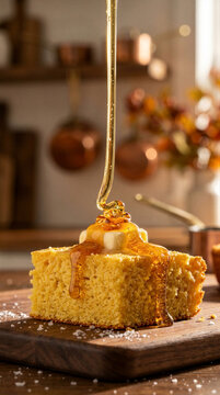 Honey poured over butter-topped cornbread on a wooden board. Sweet baked food for brunch or dessert. Home baking and serving idea. Close-up of a honey-drizzled cake slice