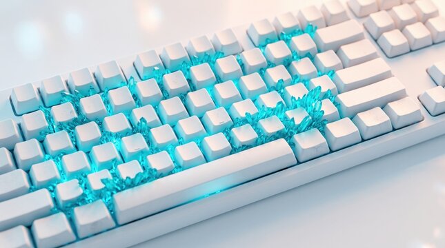 Blue crystals glowing beneath white keyboard keys