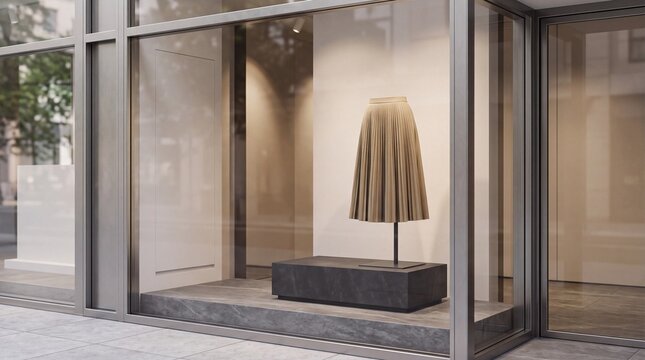 Modern Storefront Window Display with Beige Pleated Skirt on Display Stand
