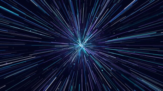 Futuristic light speed hyperspace travel motion background with glowing blue rays.