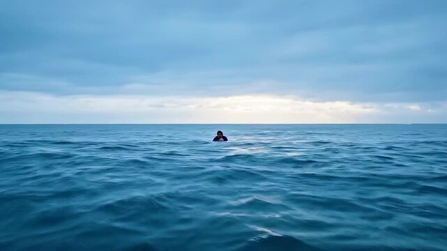 Alone Person in Open Ocean. Lone person floating in vast open ocean under overcast sky. Isolation, survival at sea, maritime emergency. Rescue operation, stranded, drowning risk, ocean survival.