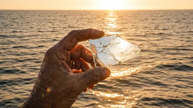 A hand holds a broken piece of glass over the ocean. The glass reflects bright sunlight. It is an SOS signal from a deserted island. Survival and rescue concept.