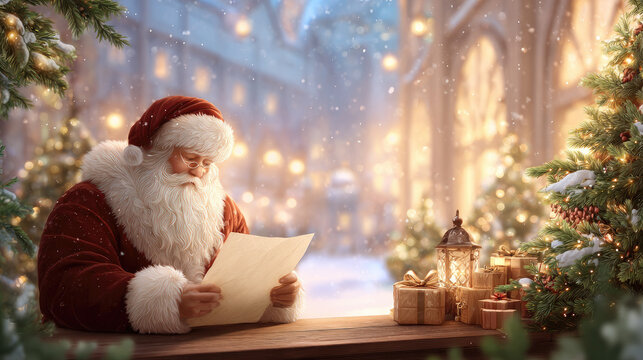 Santa claus sits at a wooden table, carefully reading a long letter, surrounded by twinkling christmas trees, wrapped presents, and a warm glowing lantern in a snowy festive setting