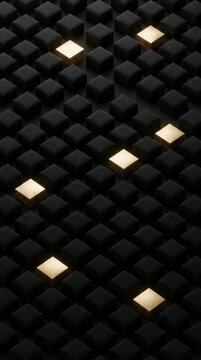 Rows of black cubes with scattered gold cubes in a repeating three dimensional grid. Business strategy and competitive advantage concept. Innovation, leadership and market differentiation