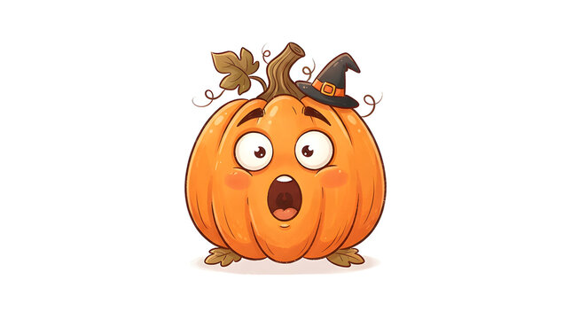 Cute pumpkin with a shocked face, huge round eyes, open mouth, raised eyebrows, funny Halloween character, cartoon illustration, white background, copy space.