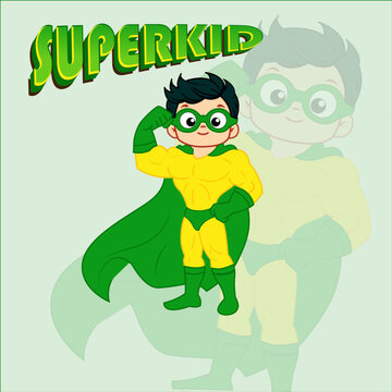 Super Kid in Green and Yellow Costume Cartoon Superhero Illustration