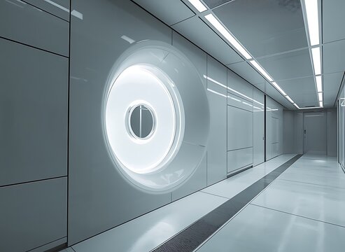Modern white corridor with a glowing circular portal in a facility