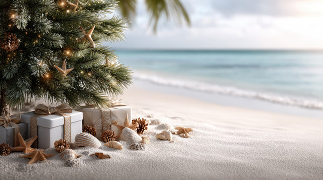 Decorated christmas tree with shimmering lights and wrapped presents rests on a pristine sandy beach, surrounded by seashells, with the clear blue ocean and a sunny sky in the background