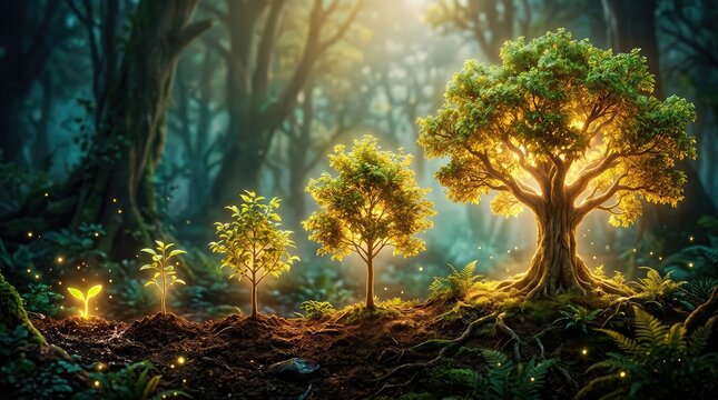 Stages of plant growth from a glowing seedling to a mature tree in an enchanted forest