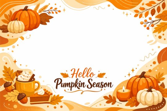 Hello pumpkin season autumn greeting frame with pumpkins leaves and cozy fall elements for poster and social media background