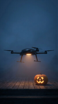 Multirotor drone hovering above a carved pumpkin on a wooden platform. Halloween technology concept. Unmanned aircraft and aerial robotics. Seasonal holiday display with open copy space