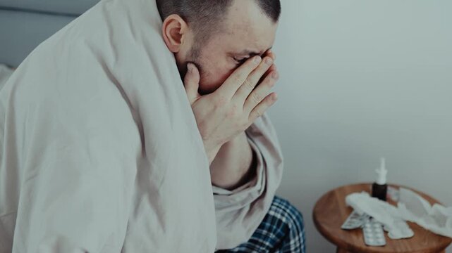 Exhausted ill mature man rubbing his face with hands in bed