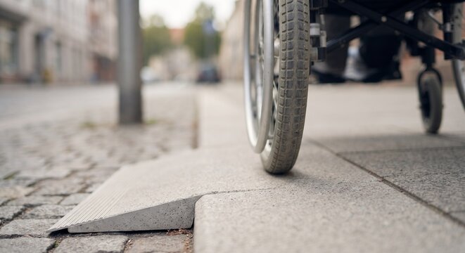 Wheelchair user navigating urban accessibility ramp on sidewalk, low angle close up view.