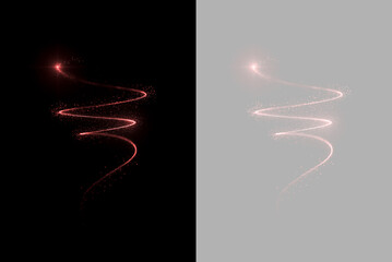 Red spiral light trail with glowing particles isolated on transparent background. Magic sparkle swirl effect overlay. Celebration holiday graphic element © Mariia