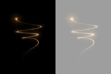 Golden spiral light trail with sparkling particles. Festive magic swirl and glitter stardust overlay isolated on black and transparent background
