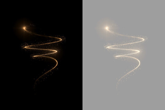 Golden spiral light trail with sparkling particles. Festive magic swirl and glitter stardust overlay isolated on black and transparent background