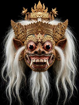 Traditional Balinese Leak Mask with White Long Hair and Ornate Gold Crown on Black Background 