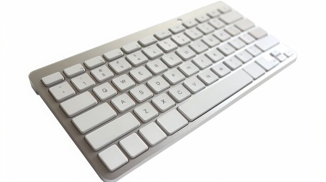 Wireless computer keyboard with white keys and a silver aluminum frame is shown at an angle on a bright white background.