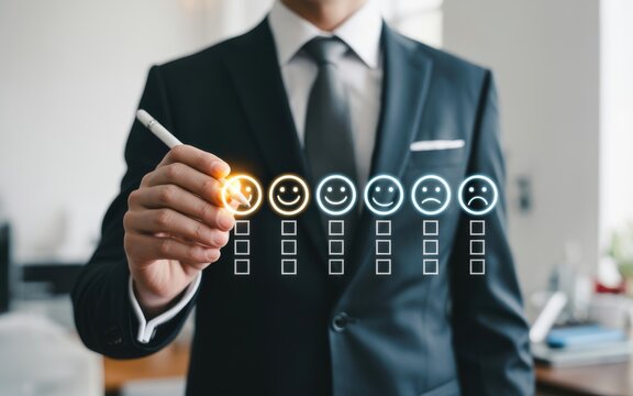 A Professional Businessman Selecting A Positive Rating From A Customer Feedback Interface