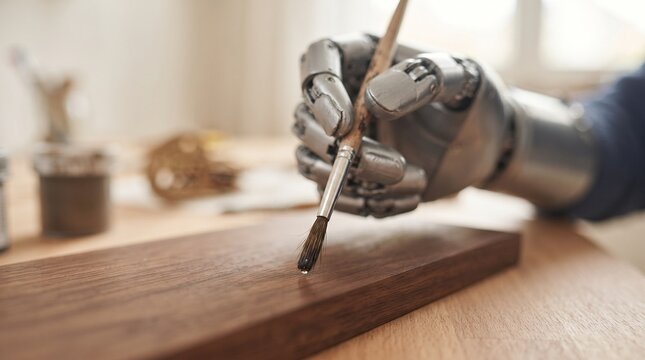 Robotic metal hand holding paintbrush and applying varnish on wooden plank surface.