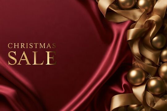 Christmas sale promotion with gold text on red satin background and decorative ornaments