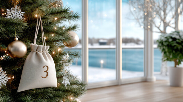 Small beige textile gift bag with the number three, representing an advent calendar item, placed on a table in a cozy christmas setting with a decorated tree and a snowy outdoor view