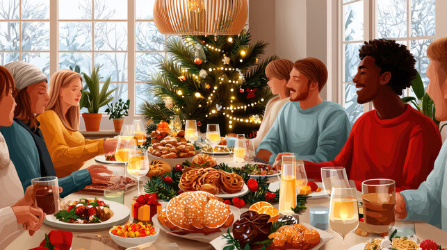 Diverse friends and family share a cozy watercolor holiday dinner around a festive table with food, drinks and warm conversation, celebrating togetherness and joy