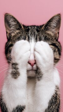 Cute tabby and white cat covering its eyes with both paws on a pink background. Funny pet reaction expressing shyness, embarrassment, surprise or playful peekaboo behavior.