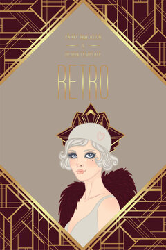 Art Deco design template with elegant flapper girl, geometric shapes, and decorative elements in dusty rose and gold tones. Perfect for invitations, fashion branding, events, or digital decor.