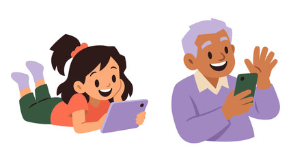 Girl uses a tablet as a man waves while holding his phone © Mark