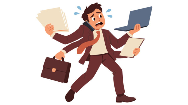 Stressed businessman multitasking with paperwork and laptop