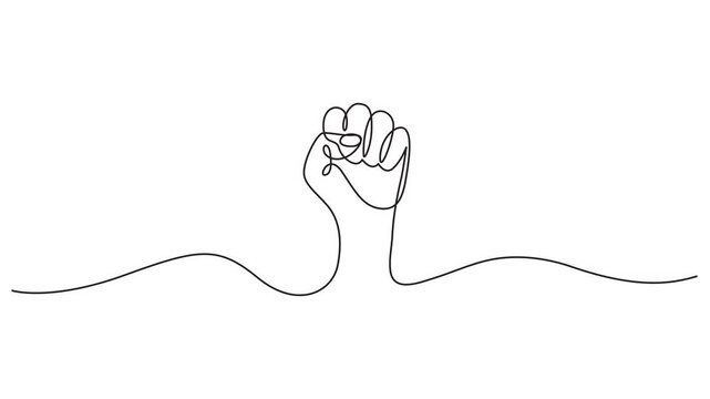 Minimalist single line drawing animation of a raised clenched fist symbol representing power, solidarity, and freedom.