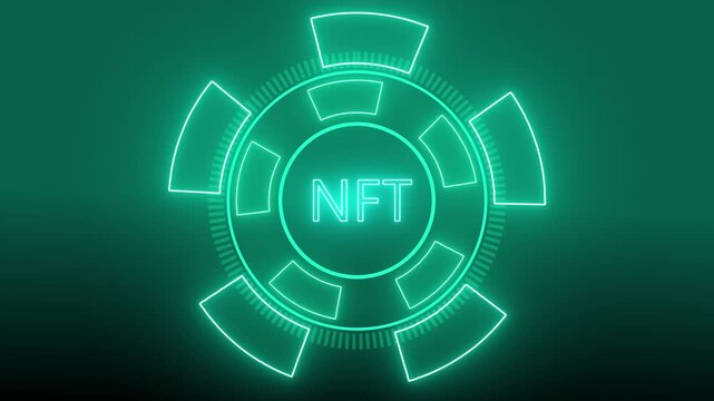 NFT symbol animation pulses inside a circular digital user interface. Blockchain digital asset data coordinates guide symbol. Decentralized crypto marketplaces use it.