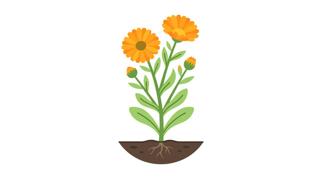 Marigold plant with roots depicted in a flat vector illustration