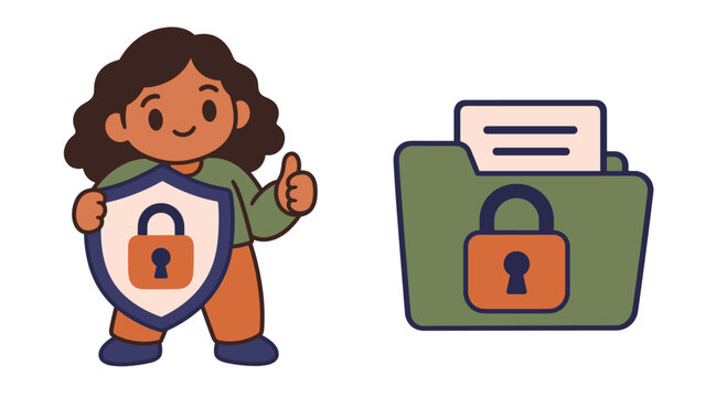 Child holding a security shield beside a locked folder