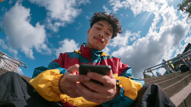 Young Asian Man Using Smartphone Outdoors on Sunny Day