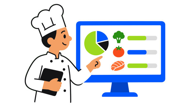 Chef pointing to food statistics on a monitor