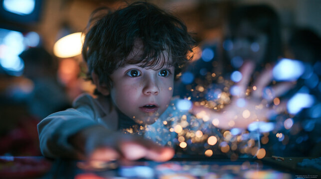 Curious Little Boy Amazed by Glowing Sparks from Digital Tablet