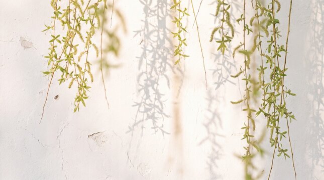 Spring Willow Branches Casting Shadows on White Wall