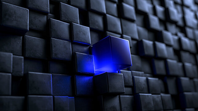 Glowing Blue Cube Standing Out From Dark Cubes