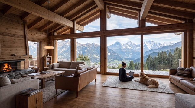 Woman Working on Laptop in Cozy Mountain Chalet