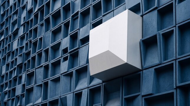 Unique White Cube Standing Out on Blue Geometric Facade
