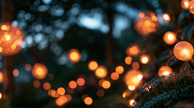 Glowing String Lights Hanging Outdoors with Warm Bokeh