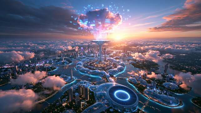 Futuristic Smart City with Cloud Computing Data at Sunset