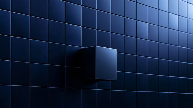Single Cube Standing Out From Blue Grid Wall